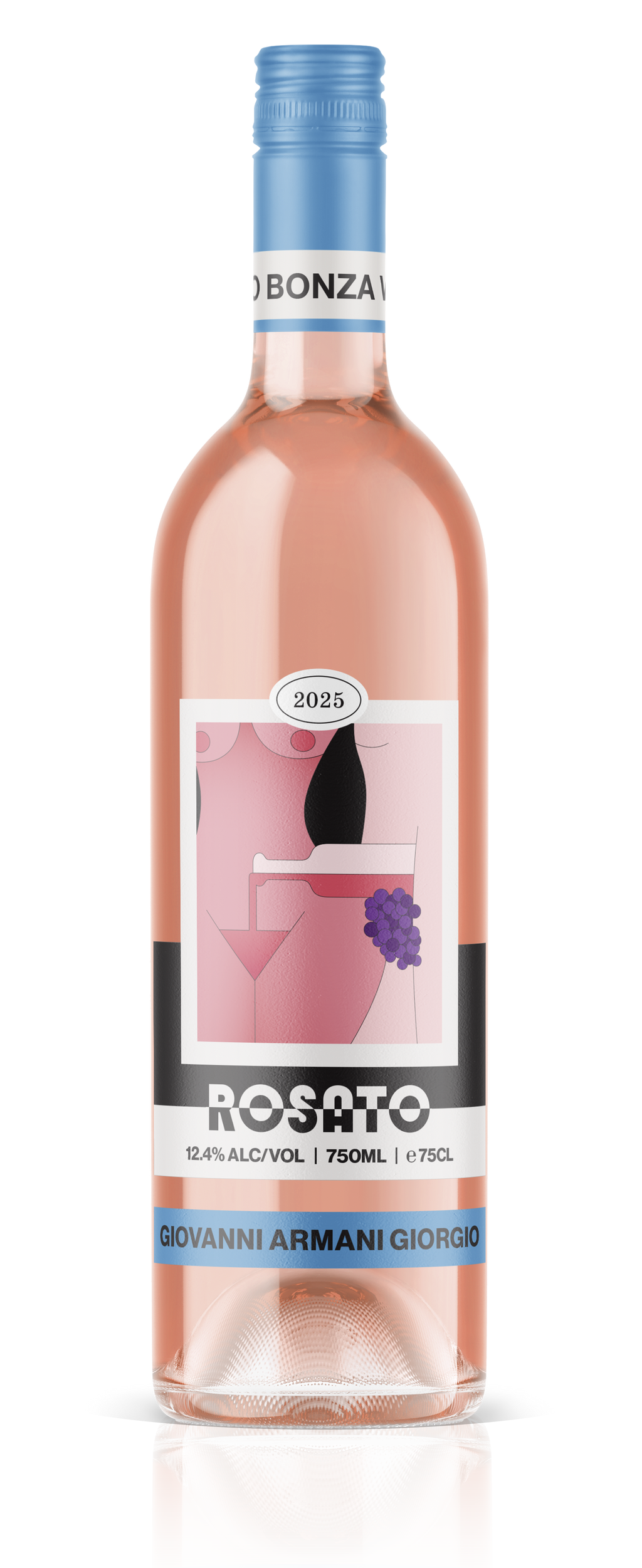 Bottle of Giovanni Armani Giorgio 2025 Rosato wine with a blue cap on a white background