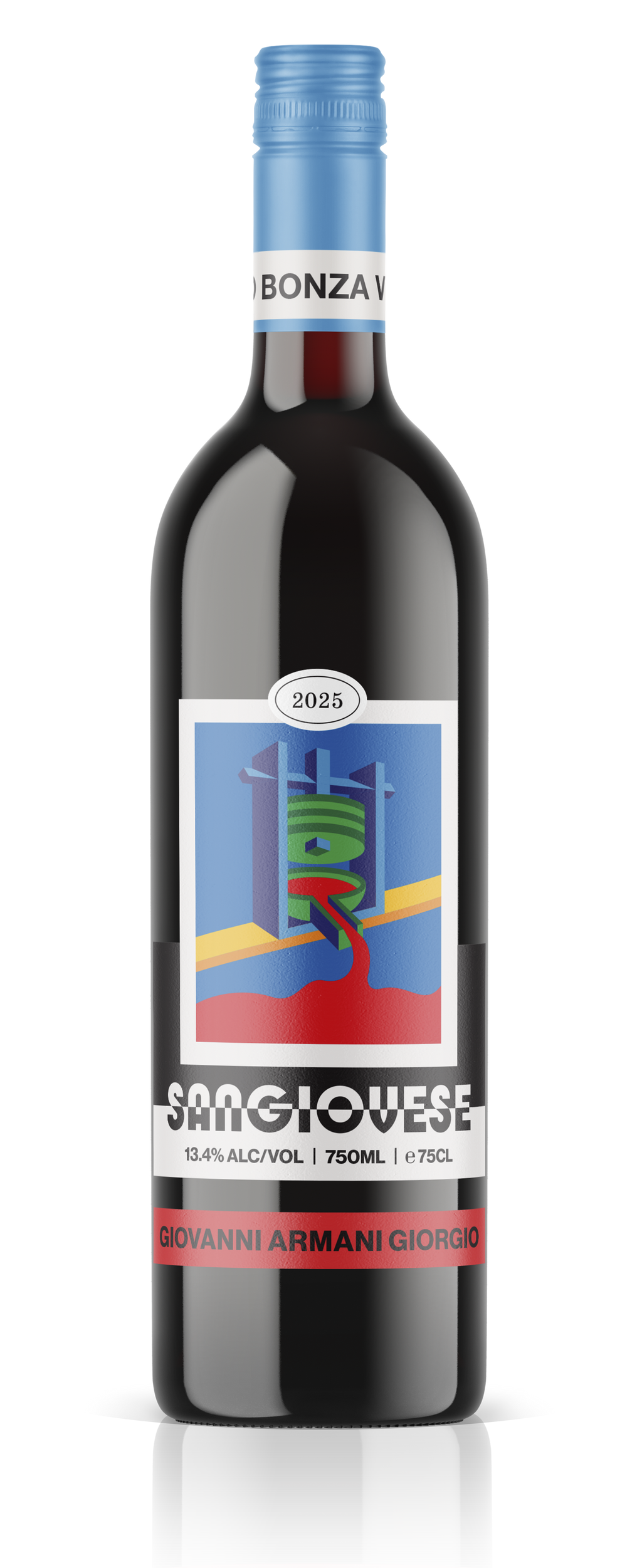 A bottle of 2025 Giovanni Armani Giorgio Sangiovese. Red wine bottle with colorful label on a white background.